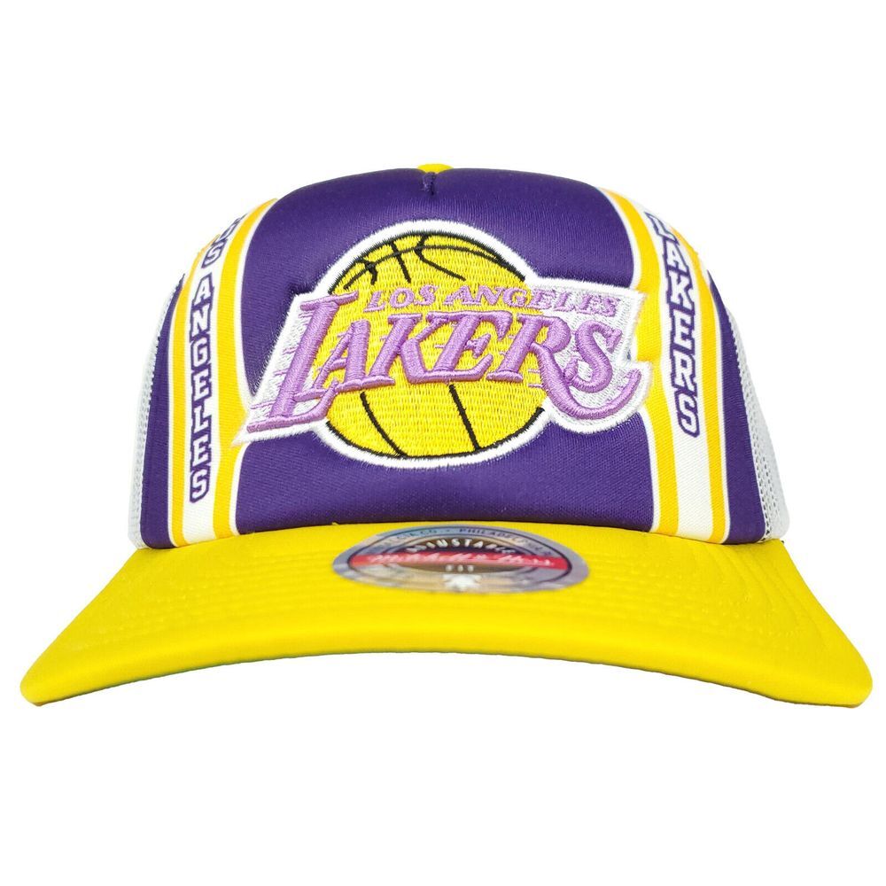 LA Lakers Mitchell & Ness NBA Trucker Hat Cap 3D Logo Purple Yellow White‎ NWT